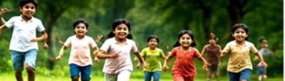 Children running joyfully across a green field