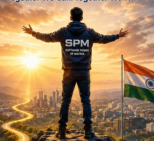 A person with open arms on a hilltop at sunrise with the Indian flag, city and winding road below