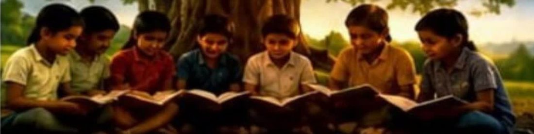 Children reading books together under a large tree